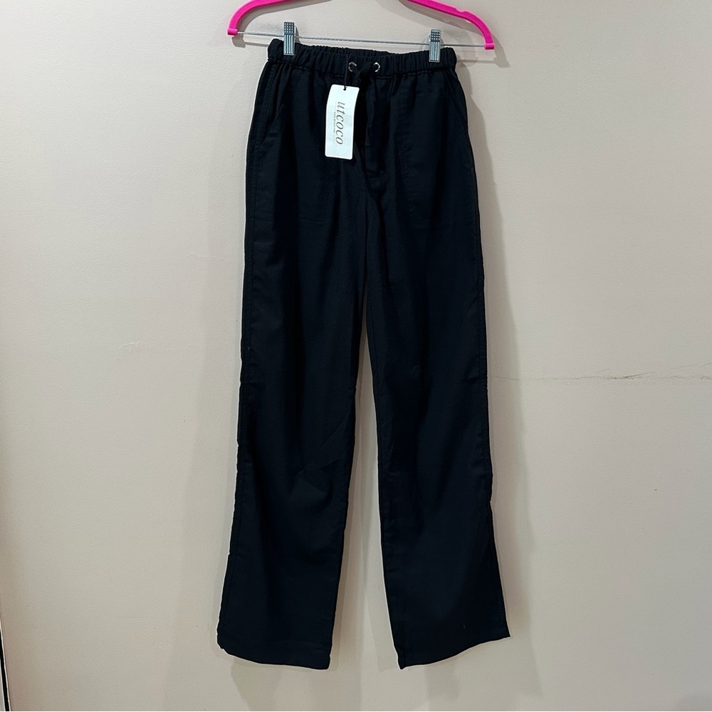 Utcoco Women xs cotton Linen Black straight leg pants drawstring Coastal New